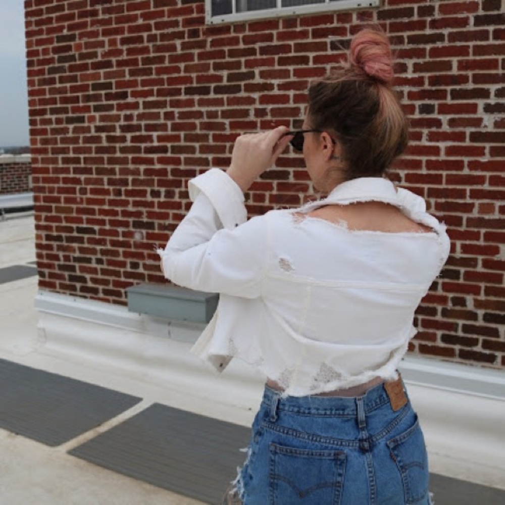 Custom Distressed Cream Denim Jacket